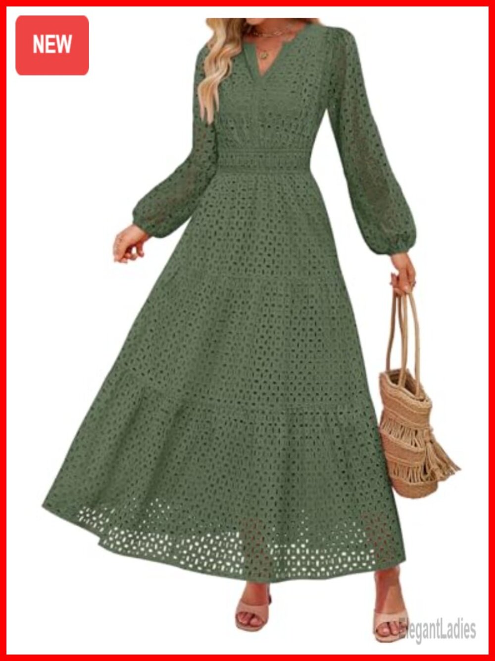 Women's Long Sleeve Eyelet Maxi Dress V-Neck A-Line Flowy Casual Fall Dress